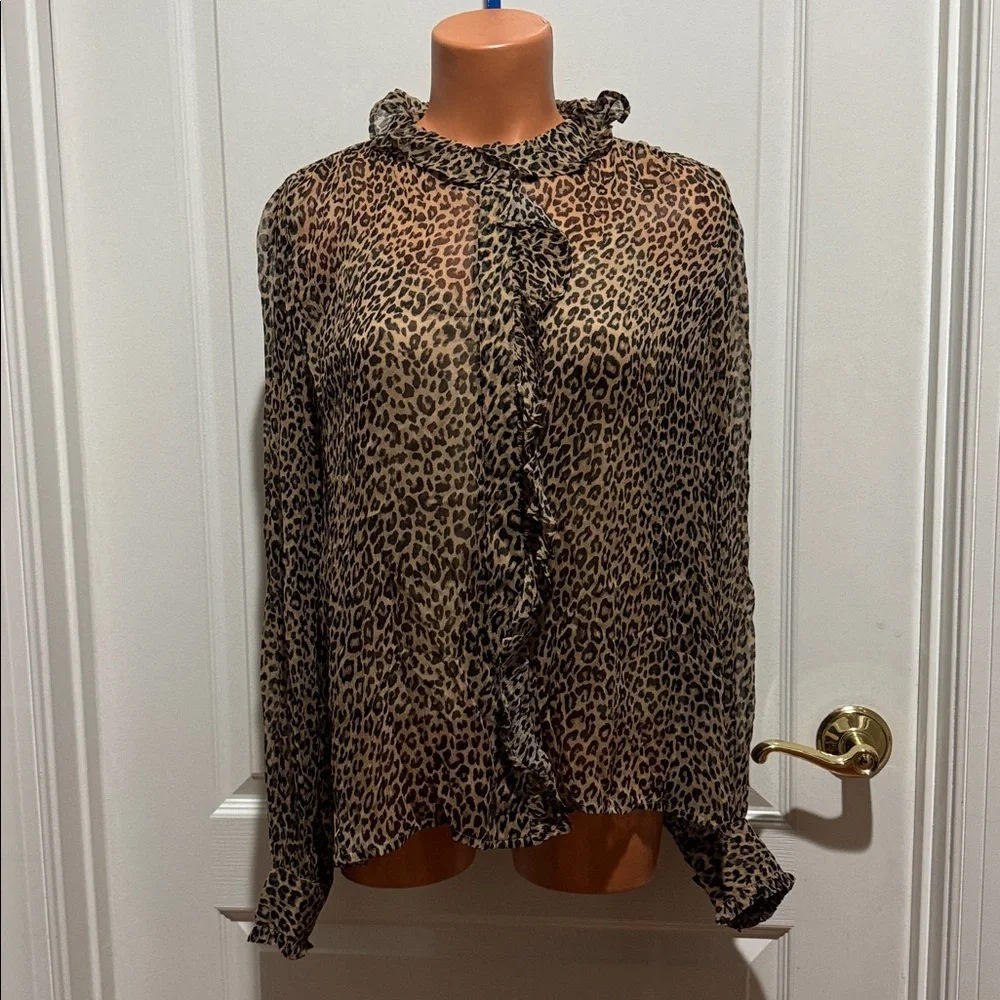 J Crew Ruffle Button Up Sheer Cheetah Blouse Cami 2 P Set Size 8 $148 EUC KL